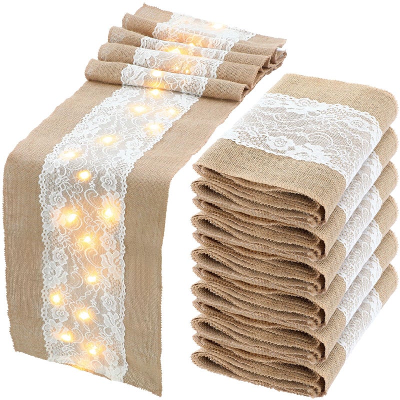 Xinnun 6 Pack Burlap Table Runner with LED String Lights, Modern Rustic Lace Natural Vintage Boho Jute Wedding Table Decor for Farmhouse Thanksgiving Christmas(Thanksgiving Harvest Style,12x70 Inches) - Image 1