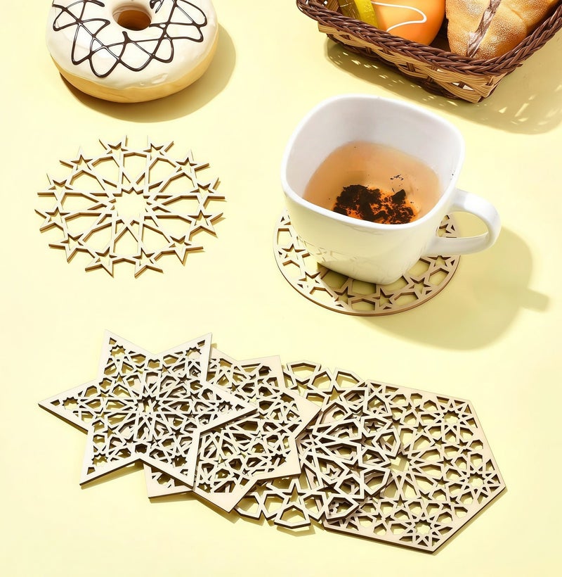 6 Styles Hollow Star Theme Wooden Drink Coasters Snowflake Hexagon Celestial Elegant Cup Mat for Drink Coffee Table Work Office Desk Kitchen Housewarming Gifts - Image 4