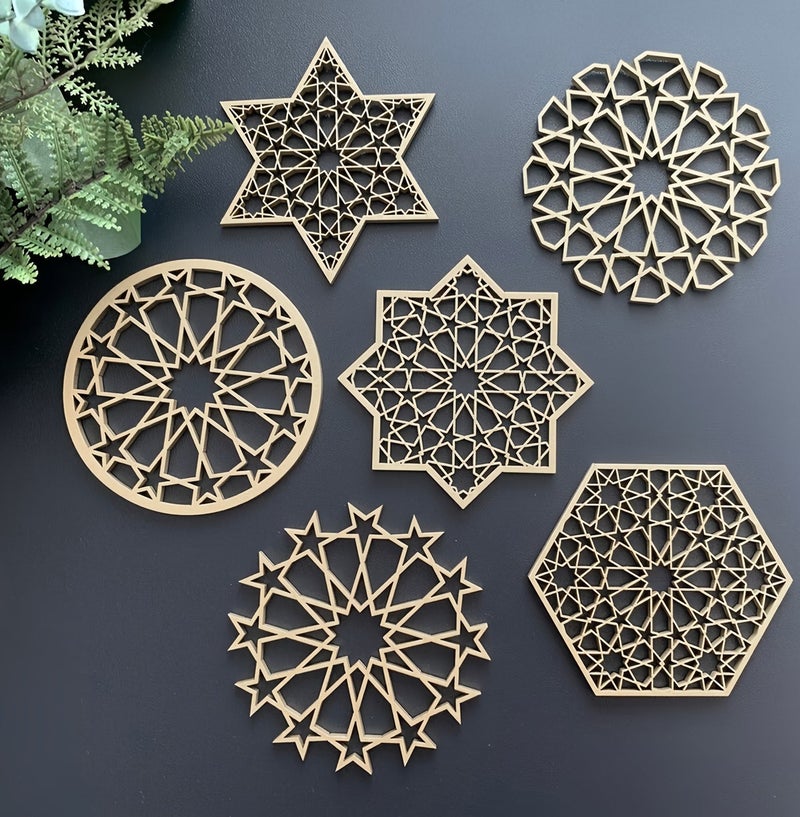 6 Styles Hollow Star Theme Wooden Drink Coasters Snowflake Hexagon Celestial Elegant Cup Mat for Drink Coffee Table Work Office Desk Kitchen Housewarming Gifts - Image 1