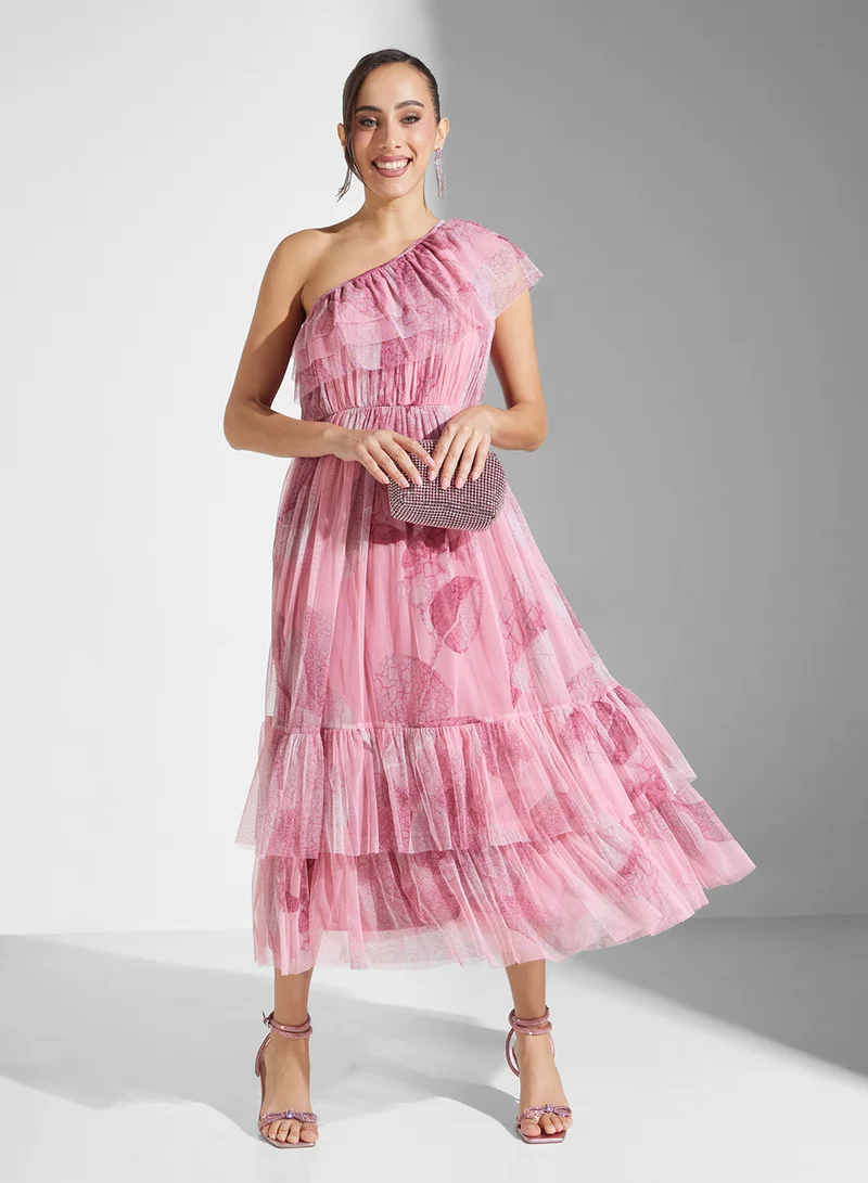 Lace and Beads Floral Ruffled Midi Dress