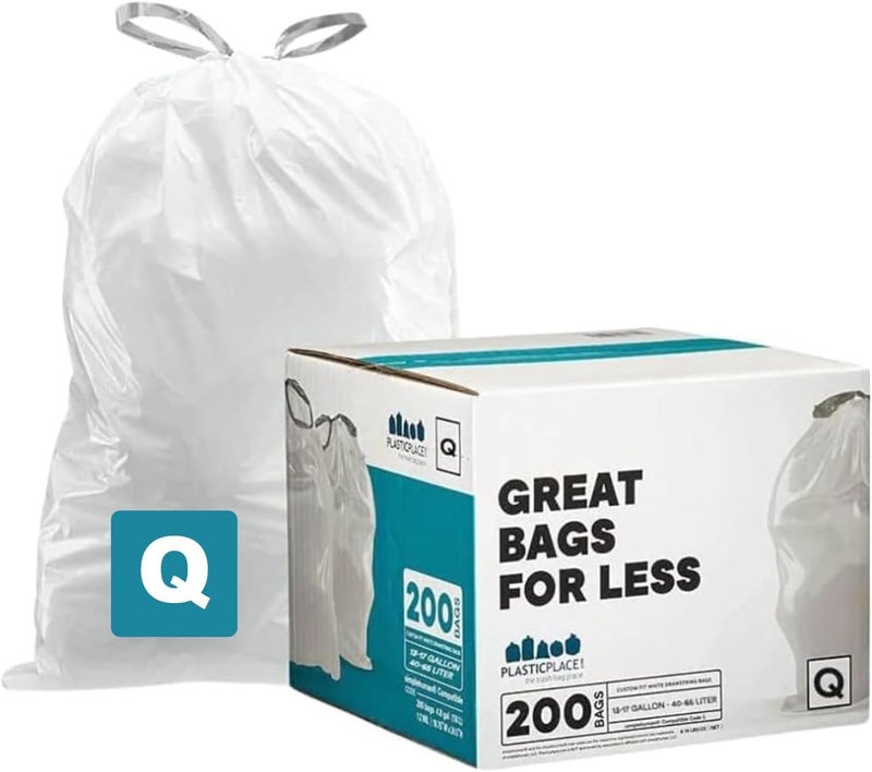 Plasticplace Custom Fit Trash Bags Compatible with simplehuman Code Q (200 Count) Drawstring Garbage Bags 13-17 Gallon White, Tear-Resistant Tall Kitchen Trash Bags for Garbage Cans Recycling 1.2 Mil - Image 1