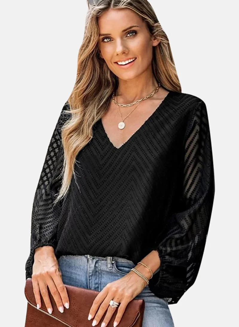 YUNIQEE Black Textured Long Sleeve V Neck Tunics