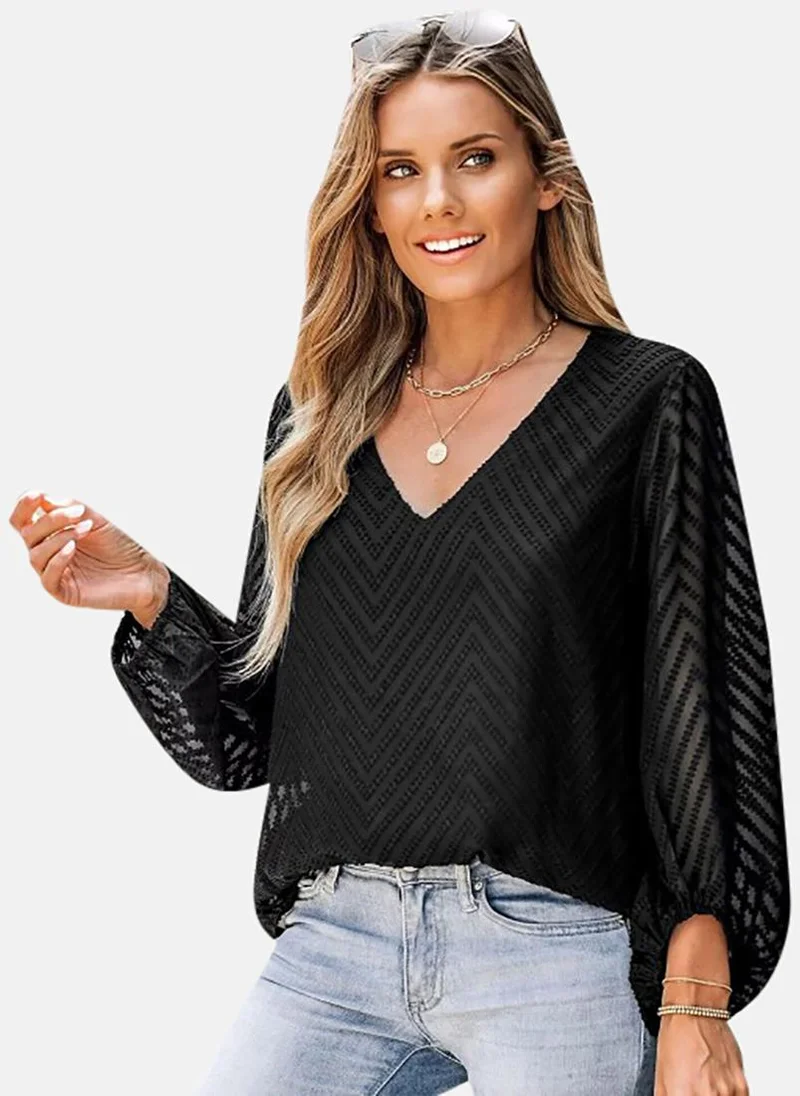 YUNIQEE Black Textured Long Sleeve V Neck Tunics
