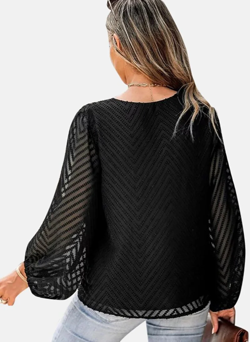 YUNIQEE Black Textured Long Sleeve V Neck Tunics