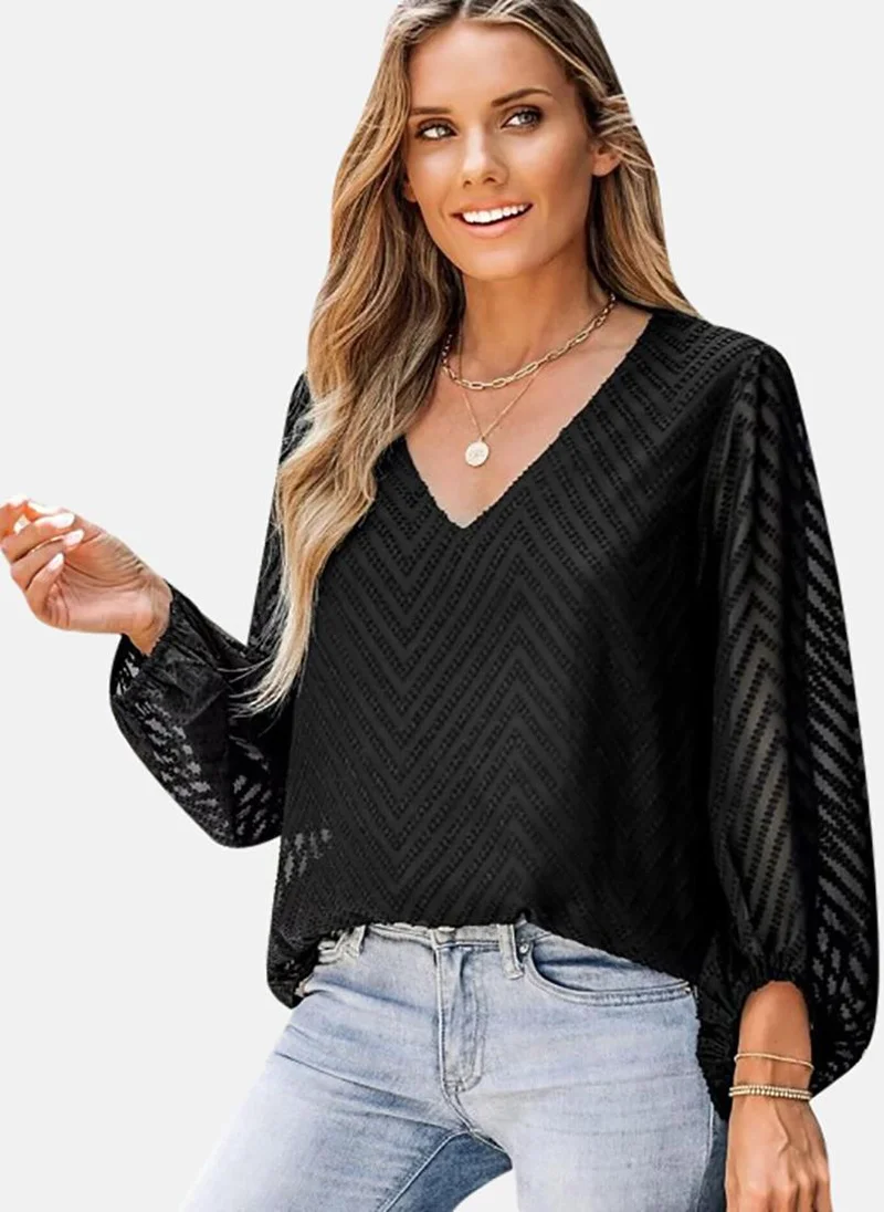 YUNIQEE Black Textured Long Sleeve V Neck Tunics