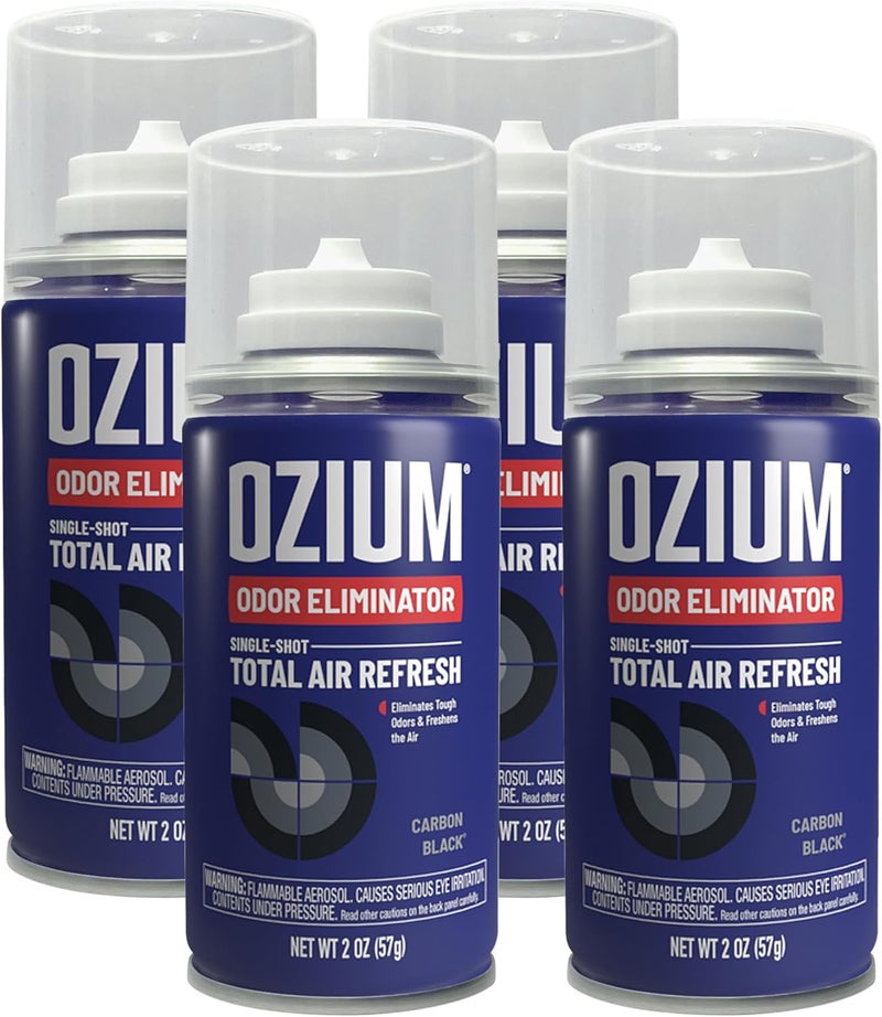 Ozium Air Freshener Odor Eliminator, 2oz Single Shot Total Air Refresh & Car Air Freshener – Carbon Black – 4 Pack - Image 1