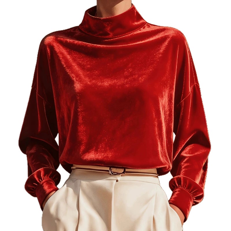 Women's Velvet Sweatshirt Loose Long Sleeve High Neck Casual Top - Image 5
