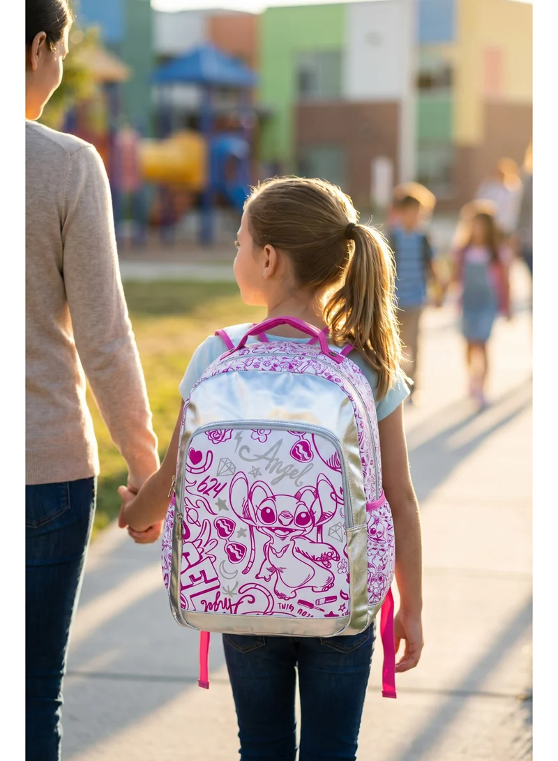 ديزني Disney Stitch Angel Premium Backpack 17.5" – Official Lilo & Stitch Angel School Backpack, Large Capacity Travel & Laptop Backpack, Fashion Multi-Pocket Book Bag for Teens | Water Resistant  | Girls School Bag