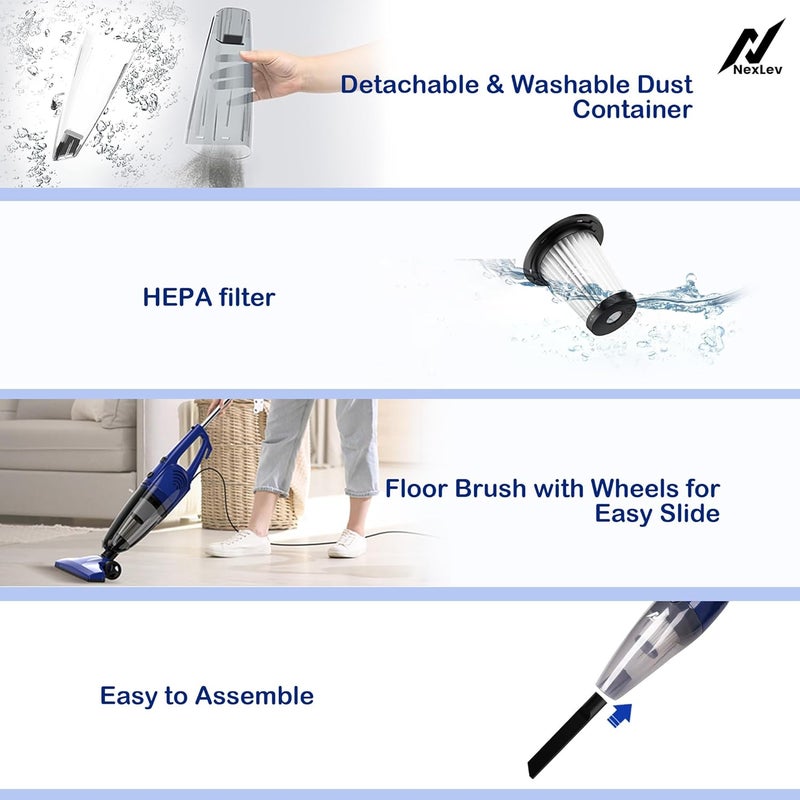 nexlev مكنسة كهربائية محمولة وعصا 2 في 1 | شفط 17500 PA | تنظيف جاف للمنزل والمكتب | فلتر HEPA قابل للغسل | 4 رؤوس قابلة للتعديل | بدون كيس | تنظيف عميق للأريكة والسرير والنوافذ والمزيد | VC-01 - Image 5