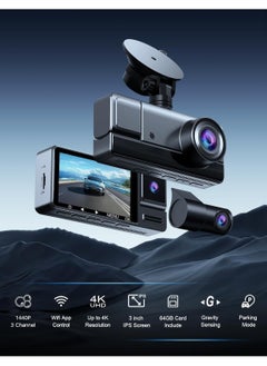LAESO 3 Channel WiFi Dash Cam Front and Rear Inside, 4K+1080P Dash Camera with Hardwire kit, 2.5K+1080P+1080P Car Camera with 64GB Card, HDR, G-Sensor, Loop Recording, 24H Parking Mode, App Control  - Image 2
