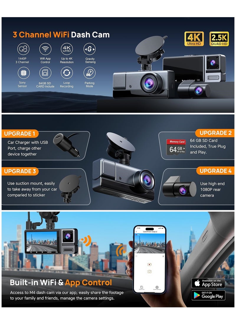 LAESO - 3 Channel WiFi Dash Cam Front and Rear Inside, 4K+1080P Dash Camera with Hardwire kit, 2.5K+1080P+1080P Car Camera with 64GB Card, HDR, G-Sensor, Loop Recording, 24H Parking Mode, App Control - Image 1