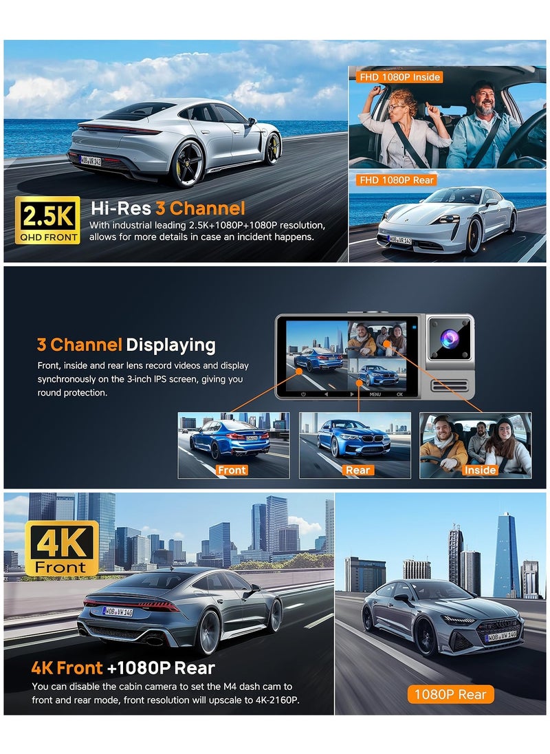 LAESO - 3 Channel WiFi Dash Cam Front and Rear Inside, 4K+1080P Dash Camera with Hardwire kit, 2.5K+1080P+1080P Car Camera with 64GB Card, HDR, G-Sensor, Loop Recording, 24H Parking Mode, App Control - Image 1
