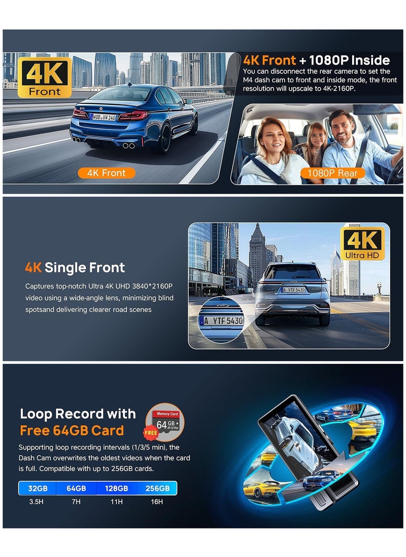LAESO - 3 Channel WiFi Dash Cam Front and Rear Inside, 4K+1080P Dash Camera with Hardwire kit, 2.5K+1080P+1080P Car Camera with 64GB Card, HDR, G-Sensor, Loop Recording, 24H Parking Mode, App Control - Image 1