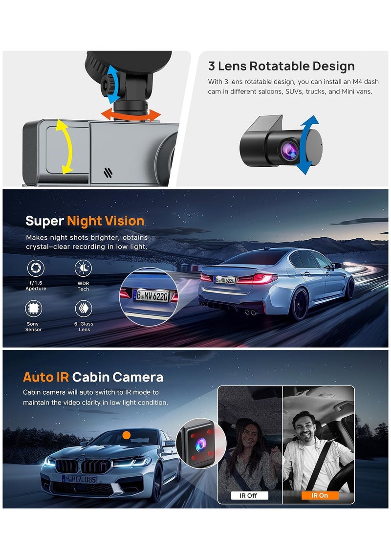 LAESO - 3 Channel WiFi Dash Cam Front and Rear Inside, 4K+1080P Dash Camera with Hardwire kit, 2.5K+1080P+1080P Car Camera with 64GB Card, HDR, G-Sensor, Loop Recording, 24H Parking Mode, App Control - Image 1