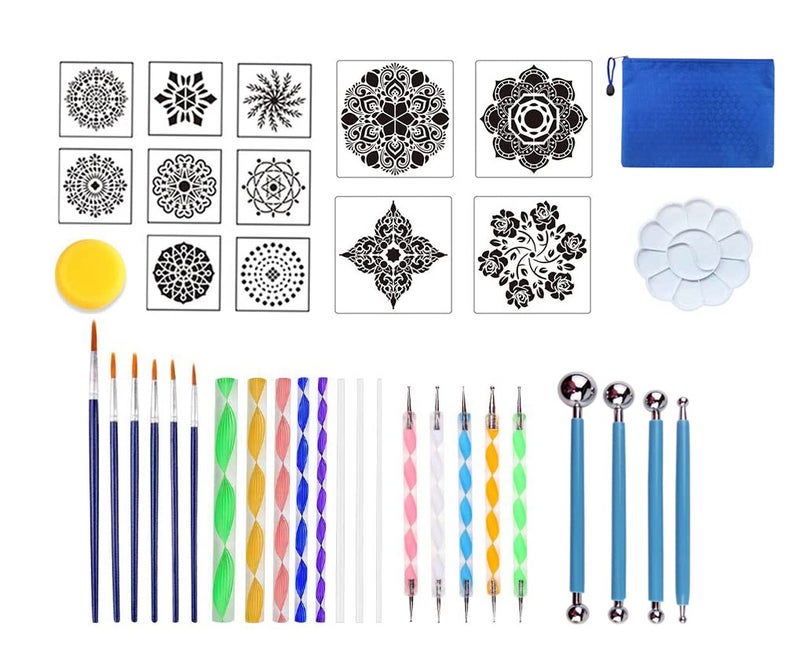 Becho 38 Pieces Mandala Dotting Tools Different Mandala Stencils Paint Tray Paint Brushes Acrylic Rods and More for Rock PaintingCraftsNail Artetc