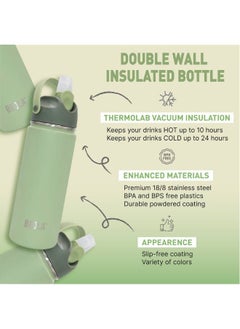 BEOLA Insulated Water Bottle with Straw Lid and Wide Mouth - 550 ml, Forest Green  - Image 3