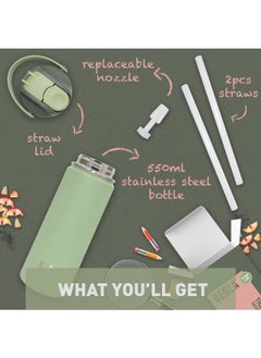 BEOLA Insulated Water Bottle with Straw Lid and Wide Mouth - 550 ml, Forest Green  - Image 2