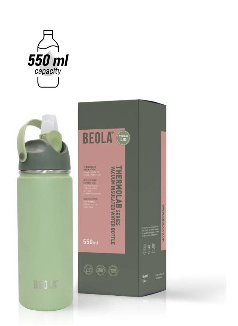BEOLA Insulated Water Bottle with Straw Lid and Wide Mouth - 550 ml, Forest Green  - Image 1
