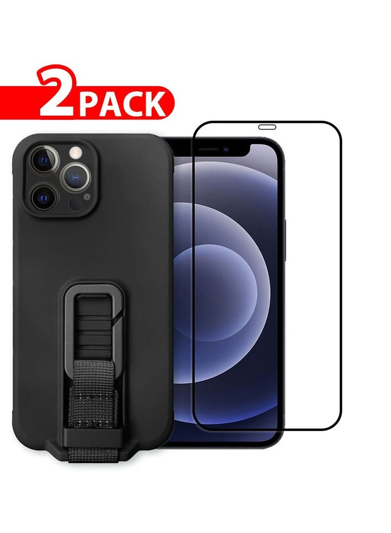 CATANES 2 Pack For iPhone 12 Pro Max Case Cover And Screen Protector With Strap And Adjustable Grip Case Black - Image 1