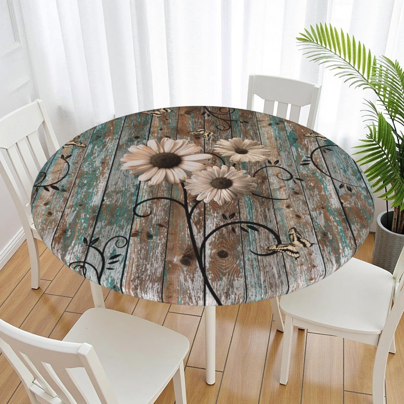 ABSOP Spring Rustic Daisy Round Fitted Tablecloth with Elastic Edge Vintage Farmhouse Sunflowers Circle Table Cloth 40-44 Inch Shabby Chic Flower Barnwood Table Cover Washable for Kitchen Dining Decor - Image 2