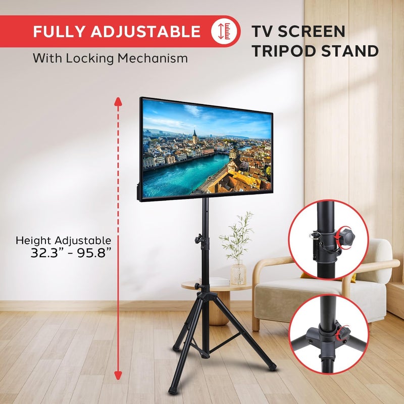Pyle Premium LCD Flat Panel TV Tripod Stand, Portable & Foldable TV Mount for LCD/LED Flat Screen TVs up to 32", Adjustable Height, 88.8 lbs Capacity, VESA 100x200/200x200 - (PTVSTNDPT3215) - Image 3