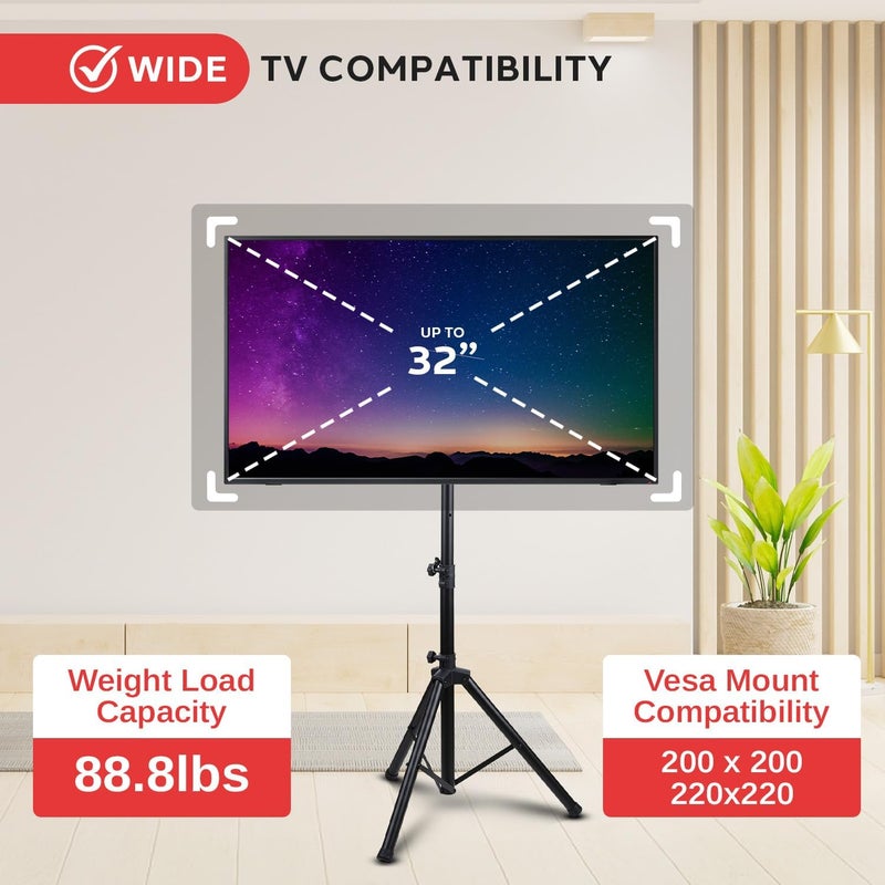 Pyle Premium LCD Flat Panel TV Tripod Stand, Portable & Foldable TV Mount for LCD/LED Flat Screen TVs up to 32", Adjustable Height, 88.8 lbs Capacity, VESA 100x200/200x200 - (PTVSTNDPT3215) - Image 5