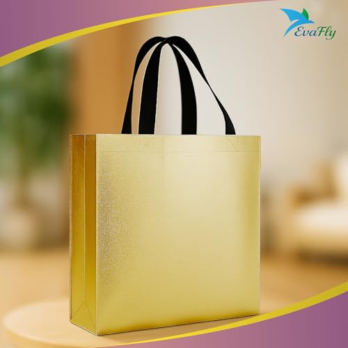 Evafly Gift Bag Medium Size Pack of 50 : L13 x W12 x D4 inch|Resuable Non-Woven Shiny Metallic Laminated|Haldi Return Gifts, Jute Bags for Return Gift,Return Gift For Birthday - Golden - Image 3