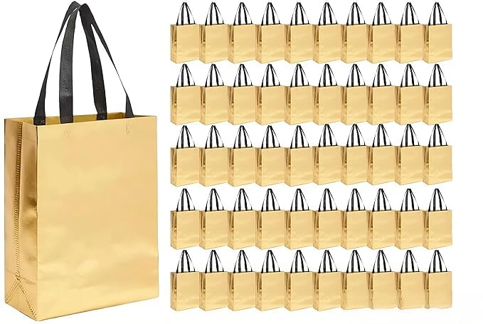 Evafly Gift Bag Medium Size Pack of 50 : L13 x W12 x D4 inch|Resuable Non-Woven Shiny Metallic Laminated|Haldi Return Gifts, Jute Bags for Return Gift,Return Gift For Birthday - Golden - Image 1