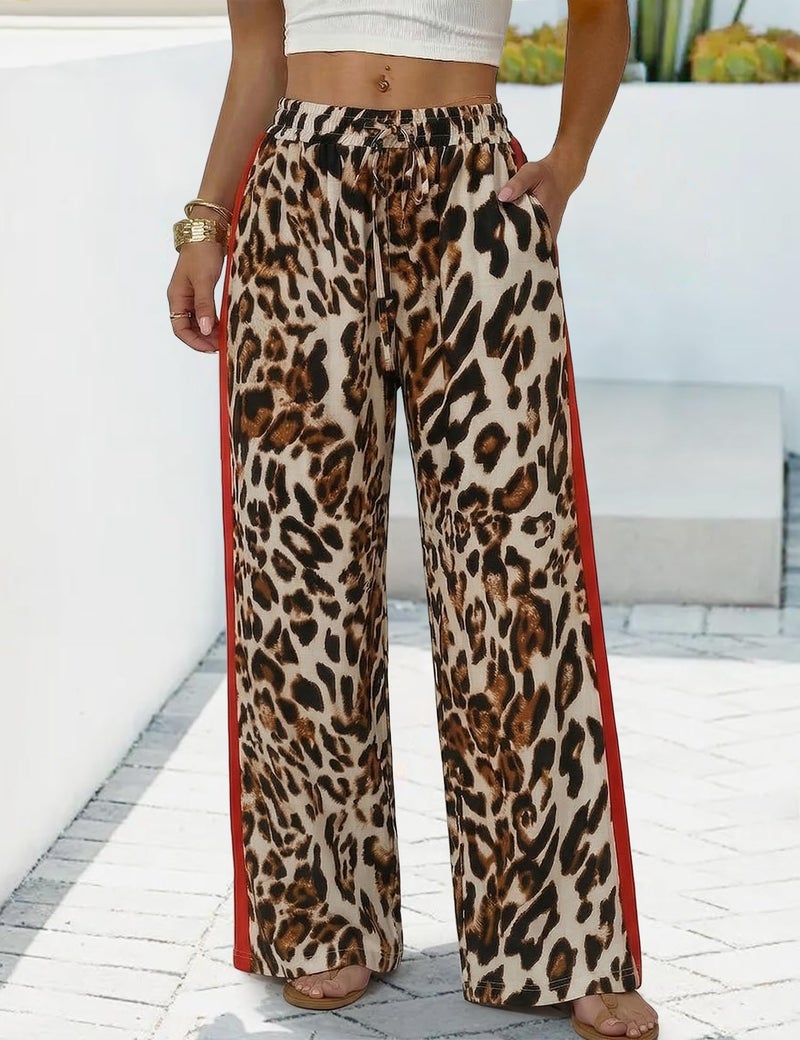 Rapbin Leopard Wide Leg Pants for Women Casual Side Striped Palazzo Pants Vacation Outfits for Women Spring Flowy Trousers (Leopard 1-M) - Image 2
