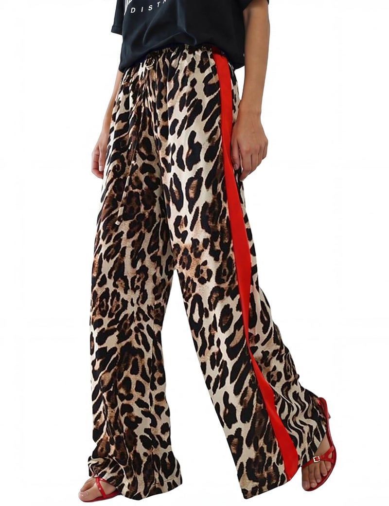 Rapbin Leopard Wide Leg Pants for Women Casual Side Striped Palazzo Pants Vacation Outfits for Women Spring Flowy Trousers (Leopard 1-M) - Image 1