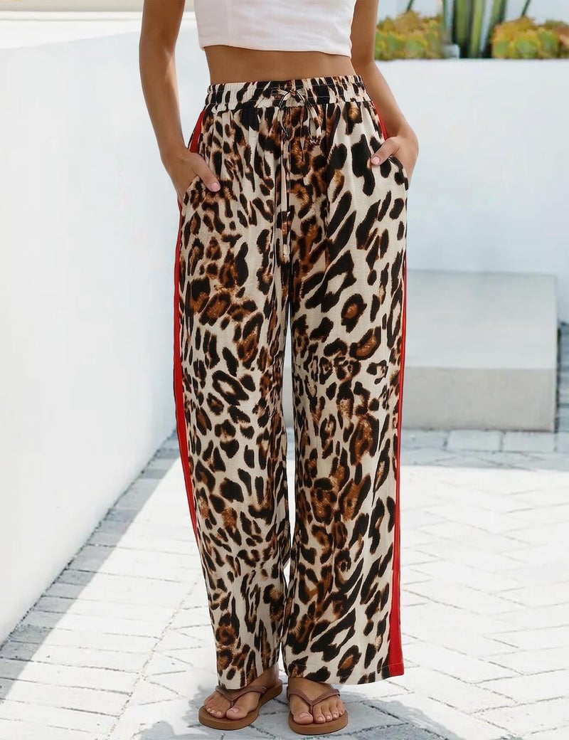 Rapbin Leopard Wide Leg Pants for Women Casual Side Striped Palazzo Pants Vacation Outfits for Women Spring Flowy Trousers (Leopard 1-M) - Image 3