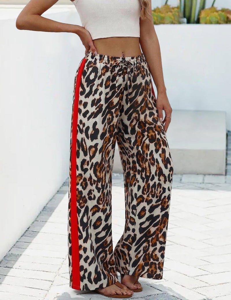 Rapbin Leopard Wide Leg Pants for Women Casual Side Striped Palazzo Pants Vacation Outfits for Women Spring Flowy Trousers (Leopard 1-M) - Image 4