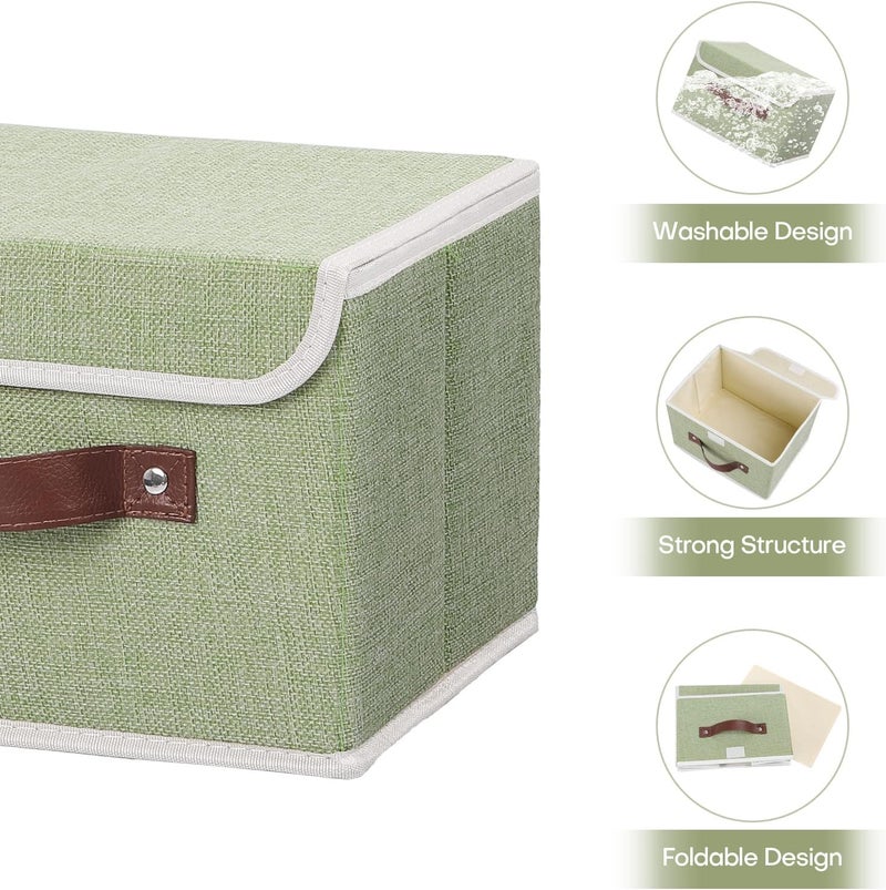 ANMINY 2PCS Storage Bins with Lid PU Leather Handles Storage Boxes PP Plastic Board Decorative Foldable Lidded Cotton Linen Fabric Home Cubes Baskets Closet Organizer Containers - Green, Small Size - Image 4