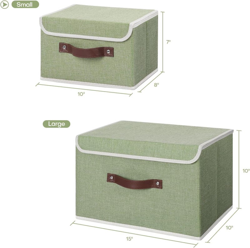 ANMINY 2PCS Storage Bins with Lid PU Leather Handles Storage Boxes PP Plastic Board Decorative Foldable Lidded Cotton Linen Fabric Home Cubes Baskets Closet Organizer Containers - Green, Small Size - Image 5