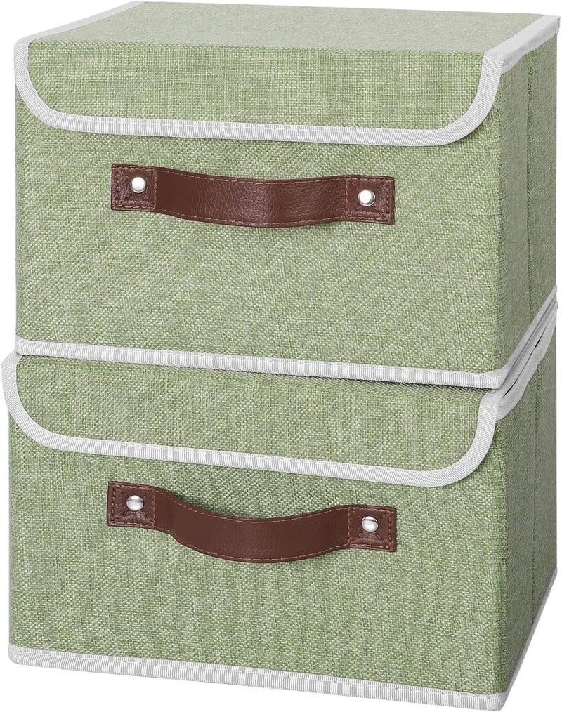 ANMINY 2PCS Storage Bins with Lid PU Leather Handles Storage Boxes PP Plastic Board Decorative Foldable Lidded Cotton Linen Fabric Home Cubes Baskets Closet Organizer Containers - Green, Small Size - Image 2