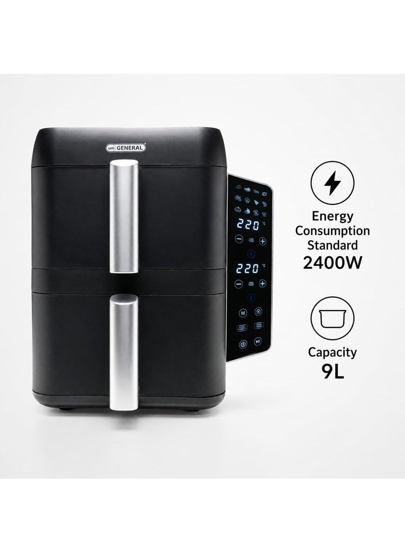 uniGENERAL Double Stack Air Fryer, Large Dual Drawer Air Fryer, 9L Capacity, 2400W, 12 Presets, Independent Time & Temperature Control, Dual Heating, Dehydrate, 2-Year Warranty, Black - Image 5