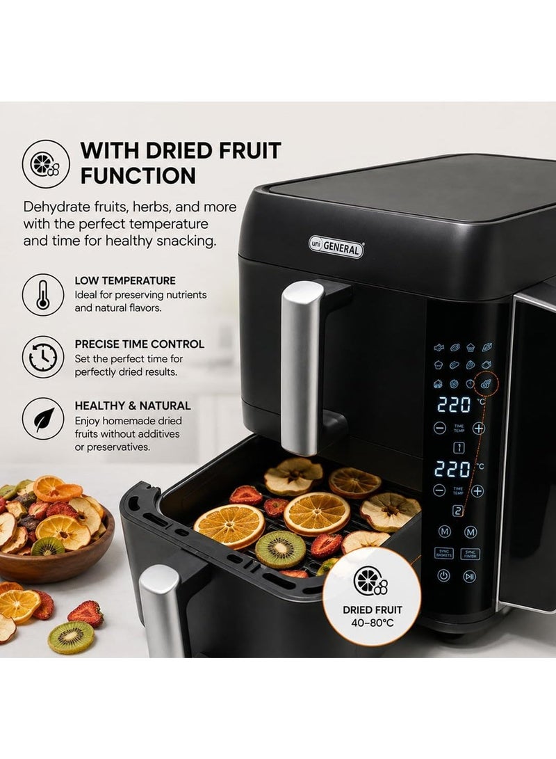 uniGENERAL Double Stack Air Fryer, Large Dual Drawer Air Fryer, 9L Capacity, 2400W, 12 Presets, Independent Time & Temperature Control, Dual Heating, Dehydrate, 2-Year Warranty, Black - Image 3