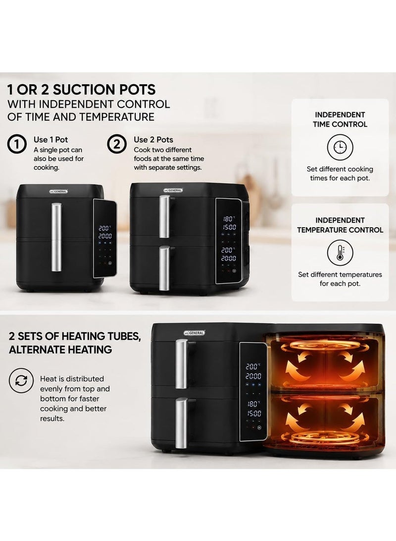 uniGENERAL Double Stack Air Fryer, Large Dual Drawer Air Fryer, 9L Capacity, 2400W, 12 Presets, Independent Time & Temperature Control, Dual Heating, Dehydrate, 2-Year Warranty, Black - Image 4