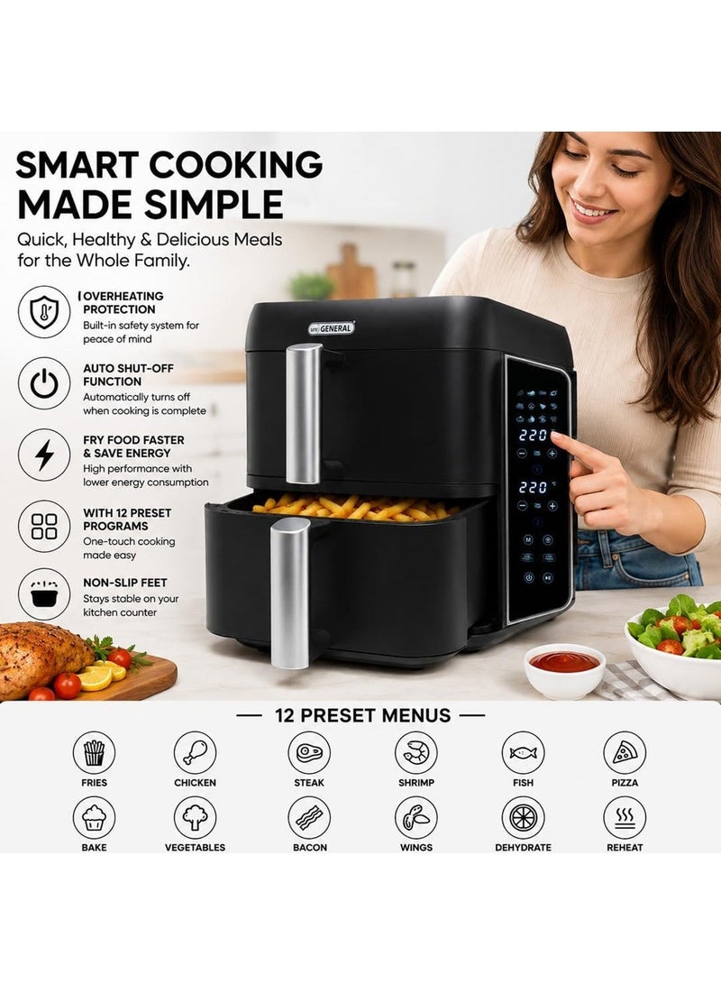 uniGENERAL Double Stack Air Fryer, Large Dual Drawer Air Fryer, 9L Capacity, 2400W, 12 Presets, Independent Time & Temperature Control, Dual Heating, Dehydrate, 2-Year Warranty, Black - Image 2