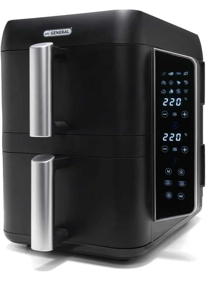 uniGENERAL Double Stack Air Fryer, Large Dual Drawer Air Fryer, 9L Capacity, 2400W, 12 Presets, Independent Time & Temperature Control, Dual Heating, Dehydrate, 2-Year Warranty, Black - Image 1
