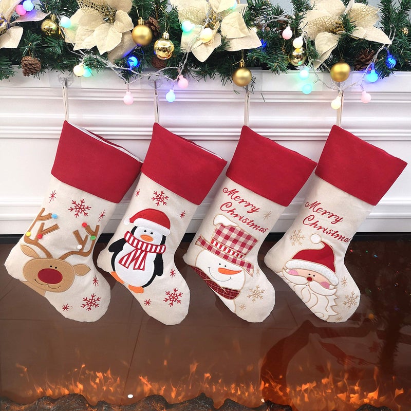Bstaofy 18'' Rustic Christmas Stockings Set Of 4 Felt Santa Reindeer Snowman Penguin Stockings Xmas Tree Ornaments Party Decor For Kids Family - Image 1