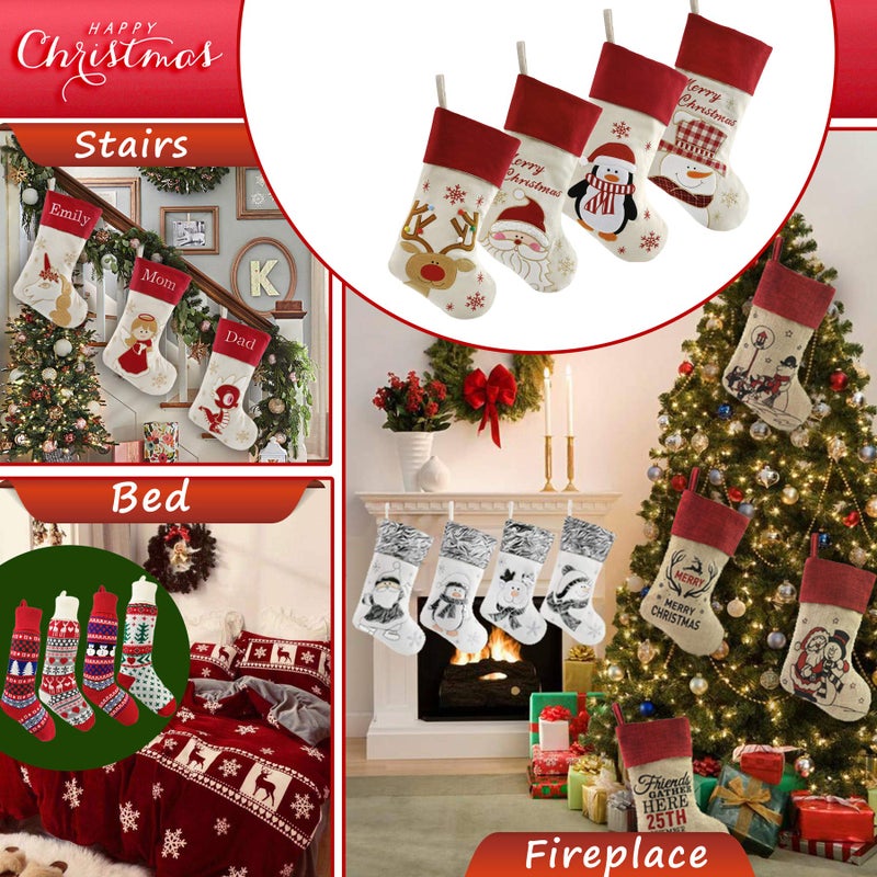 Bstaofy 18'' Rustic Christmas Stockings Set Of 4 Felt Santa Reindeer Snowman Penguin Stockings Xmas Tree Ornaments Party Decor For Kids Family - Image 4