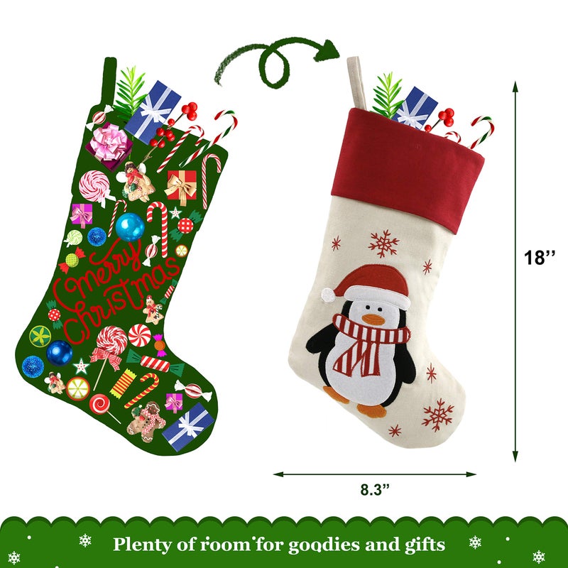 Bstaofy 18'' Rustic Christmas Stockings Set Of 4 Felt Santa Reindeer Snowman Penguin Stockings Xmas Tree Ornaments Party Decor For Kids Family - Image 2