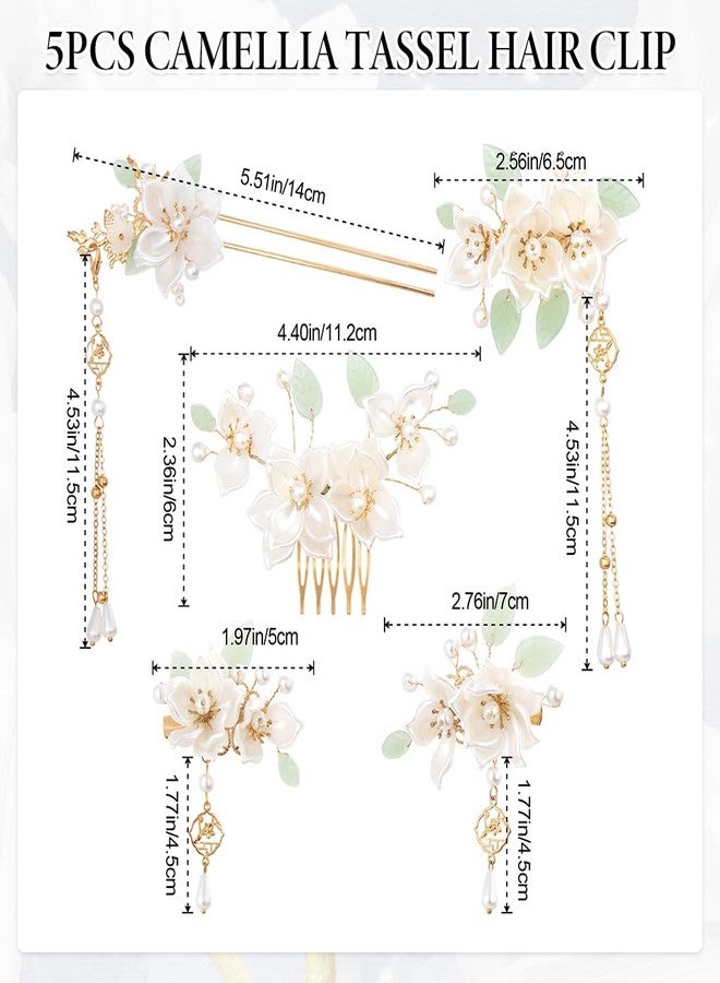 MAYCREATE® 5Pcs Camellia Flower Tassels Hair Pin Crystal Rhinestone Pearl Headpiece Retro Brides Hair Accessories for Women Girls Updo Long - Image 2