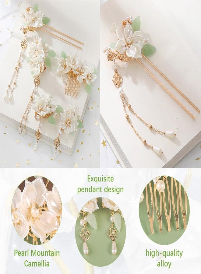 MAYCREATE® 5Pcs Camellia Flower Tassels Hair Pin Crystal Rhinestone Pearl Headpiece Retro Brides Hair Accessories for Women Girls Updo Long - Image 3