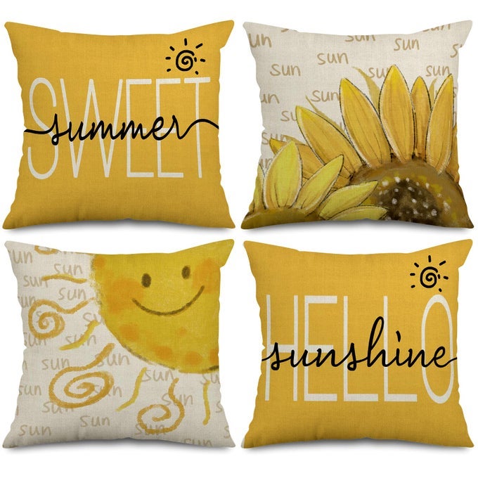 SUMMER DECOR PILLOW COVERS 18 X 18 INCH HELLO SUNSHINE YELLOW SUNFLOWER THROW PILLOW CASE FARMHOUSE DECORATIVE CUSHION CASE FOR OUTDOOR ACTIVITY SOFA HOME COUCH OFFICE 4 PACKQ