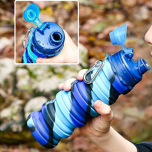 YCTMALL Collapsible Water Bottles Two Pack Travel Sports Portable Sport Water Bottle comes with mountaineering Buckle 503ml silicone Water-proof camping water bottle (Light grey and Dark blue Color) - Image 2