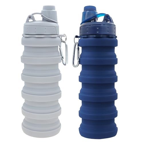 YCTMALL Collapsible Water Bottles Two Pack Travel Sports Portable Sport Water Bottle comes with mountaineering Buckle 503ml silicone Water-proof camping water bottle (Light grey and Dark blue Color) - Image 1