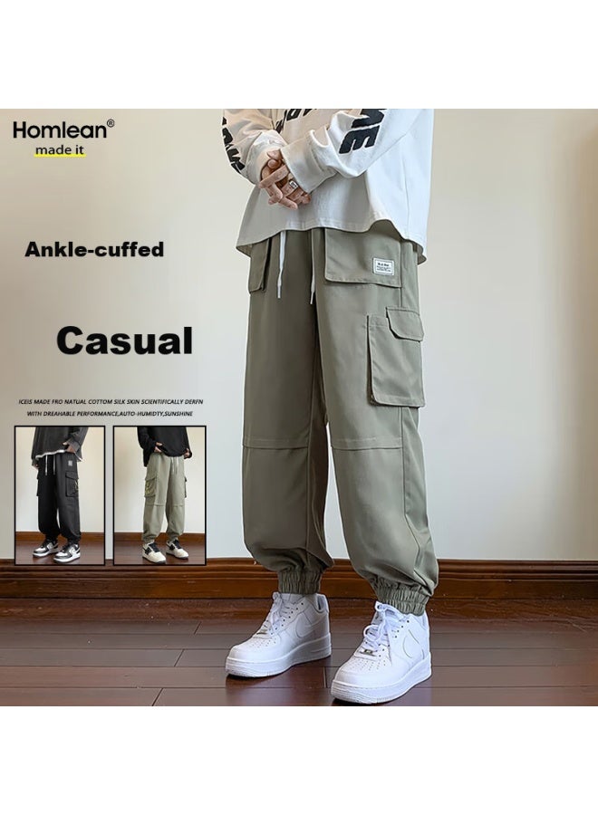 Homlean Paratrooper Cargo Pants For Men, Autumn And Winter Loose-fit Streetwear Versatile Jogger Sweatpants, Casual Sports Trousers 2227 Apricot Color M - Image 1