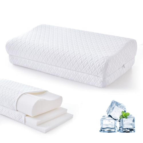 Luxe Linen Contour Memory Foam Pillow for Neck Pain Relief 3Layer 5Level Height Adjustable Loft 16 Cervical Ergonomic Cooling Tencel Lyocell Cover High Loft Support for SideBackStomach Sleepers Queen - Image 1